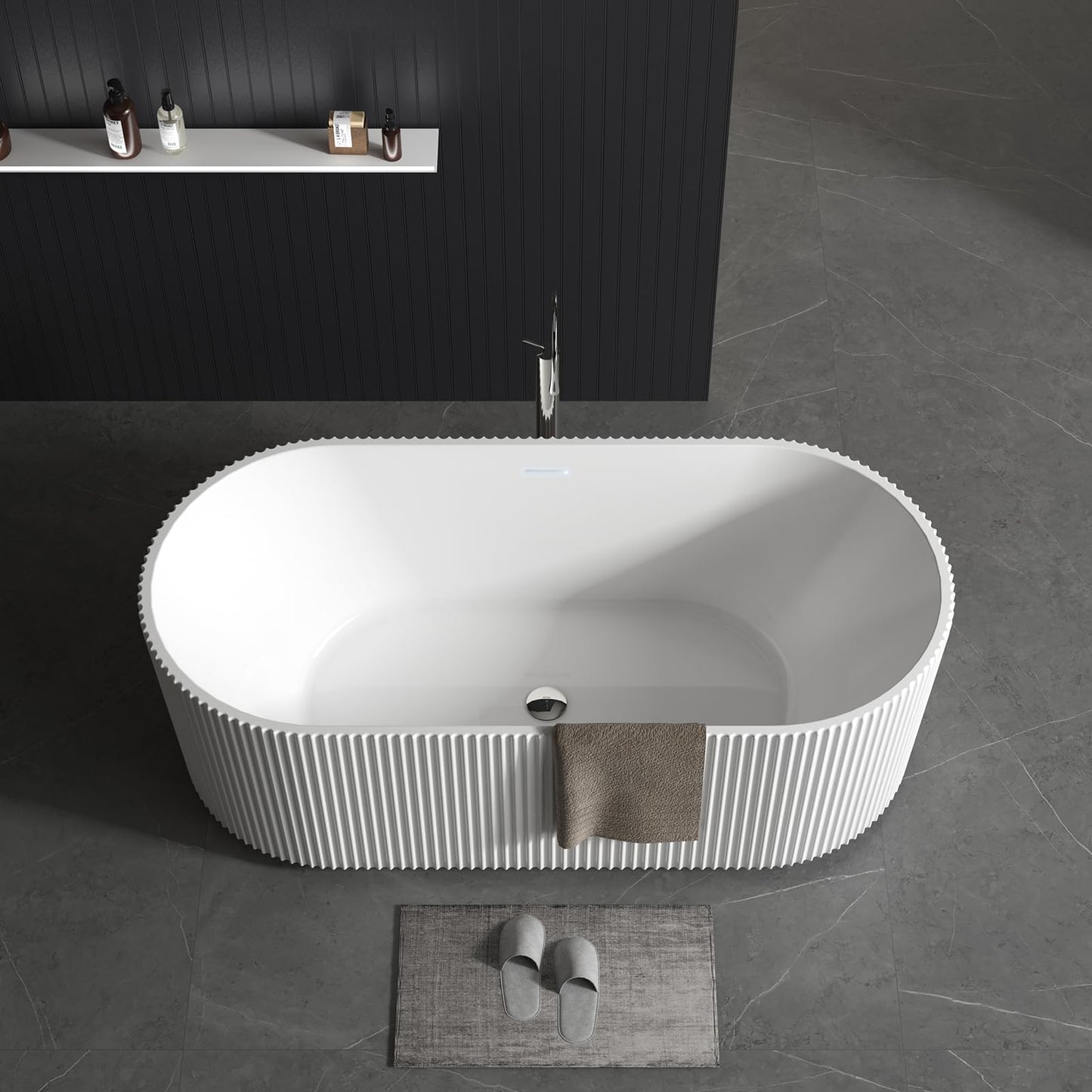 59" Modern V-Shape Freestanding Bathtub - Gloss White Acrylic Soaker with Pleated Design, Chrome Drain & Overflow,Cupc Certified,Gloss White