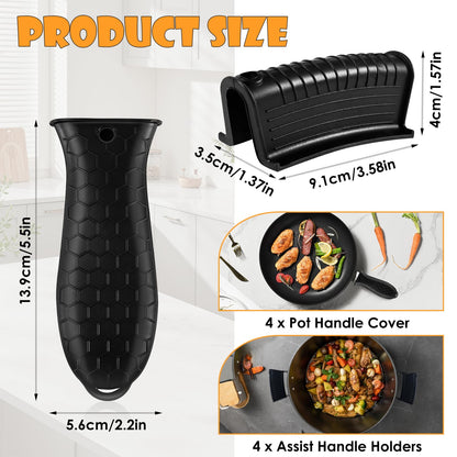 Enjamyo 8 Pack Silicone Hot Handle Holders, Cover Cast Iron Handle Cover, Heat Resistant Assist Pan Handle Sleeve for Frying Pan, Non-Slip Pot Holder Sleeve, Potholder for Cast Iron Skillets(Black)