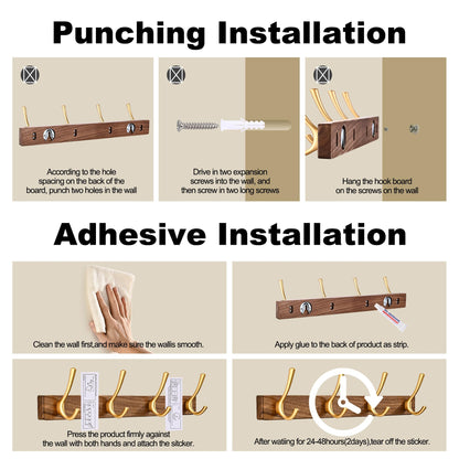 LECHYN 17.3" Small Walnut Wood Coat Rack Wall Mount with 4 Hooks, Heavy Duty Wooden Jacket Hanger Door Mounted for Decorative Entryway Bathroom Hanging Towel Backpack Purse Clothes Hat Key Gold