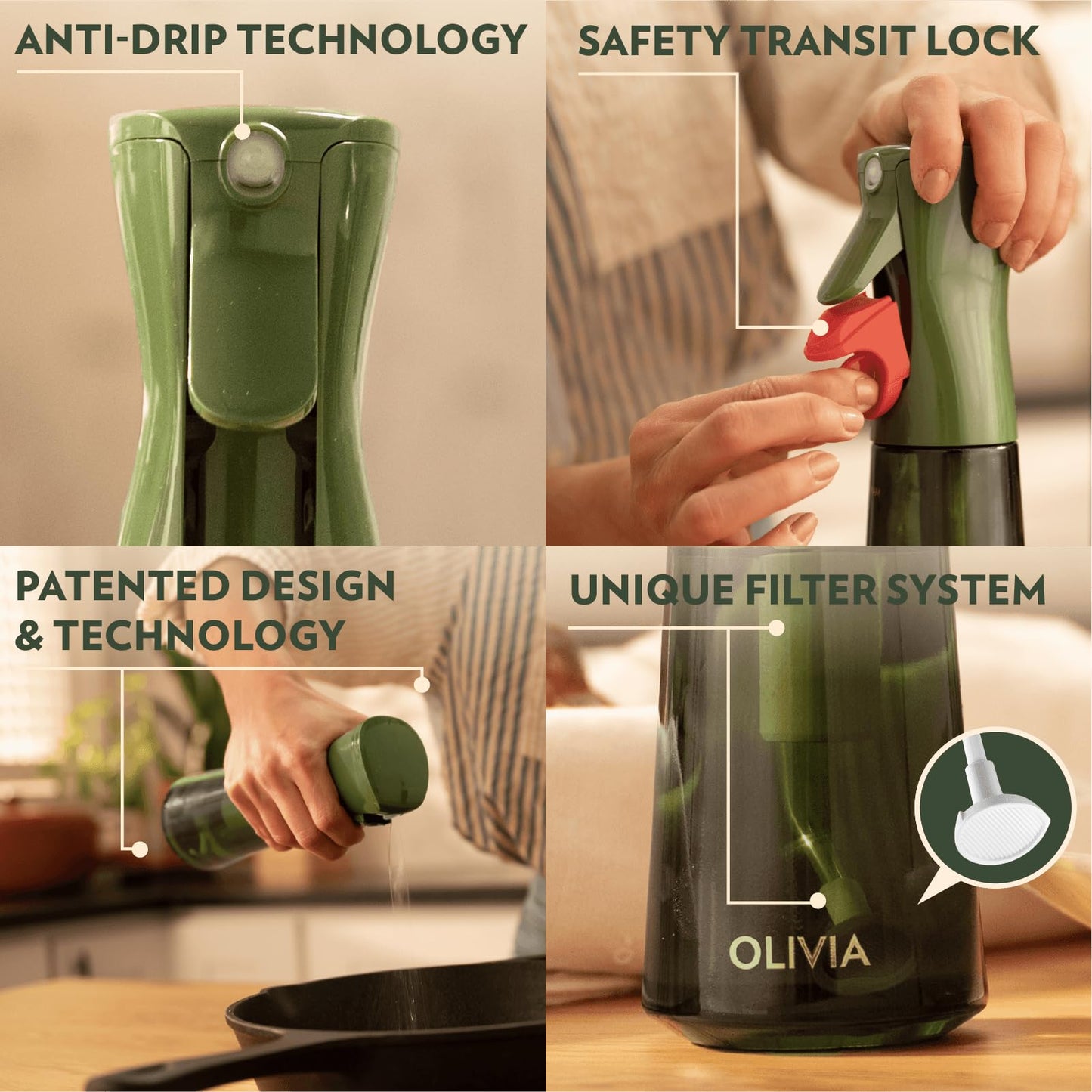 FLAIROSOL OLIVIA Oil Sprayer for Cooking, 200ml Glass Olive Oil Sprayer, Continuous Oil Spray Bottle with Portion Control, Oil Dispenser for Kitchen, Air Fryer, Salad, BBQ (Green Bottle, Gold Print)