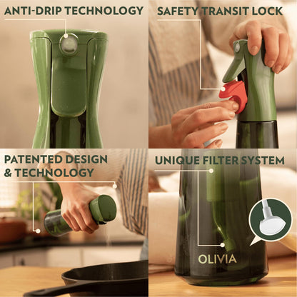 FLAIROSOL OLIVIA Oil Sprayer for Cooking, 200ml Glass Olive Oil Sprayer, Continuous Oil Spray Bottle with Portion Control, Oil Dispenser for Kitchen, Air Fryer, Salad, BBQ (Green Bottle, Gold Print)