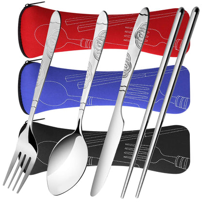 Arroyner 6 Pack Reusable Flatware Sets Knife, Fork, Spoon, Chopsticks, 24Pcs Portable Travel Stainless Steel Tableware Dinnerware with Carrying Case