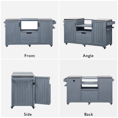 Merax Outdoor Grill Table for Big Green Egg Grills, 66.5" Patio Kitchen Island on Wheels with Stainless Steel Tabletop,Drawer and Spice Rack, Solid Wood Outdoor Storage Cabinet for Backyard, Grey Blue