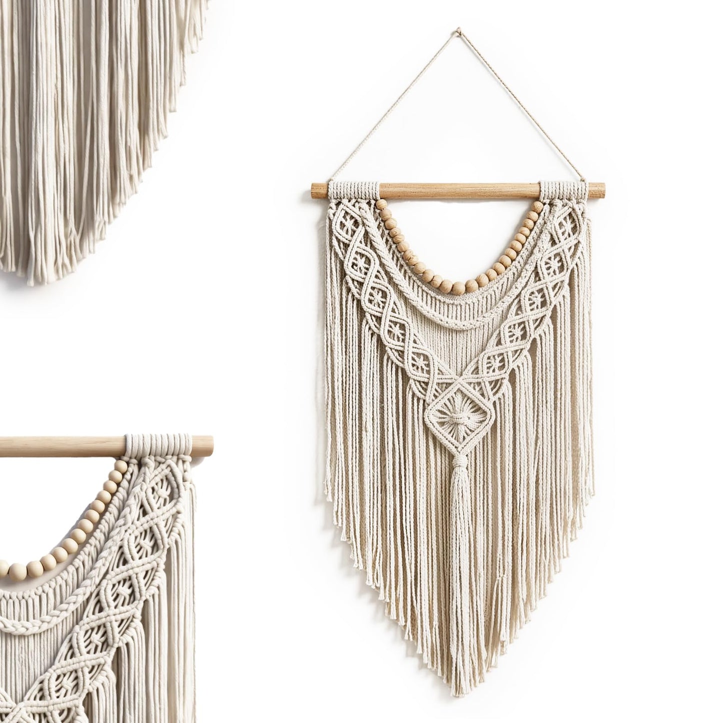 31.5×15 Inch Boho Macrame Wall Hanging, Handwoven Tapestry with Wooden Beads, Boho Home Decor