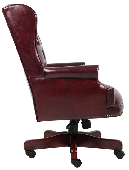 Scranton & Co Traditional Faux Leather Executive Chair, 30" W x 32" D x 41-44" H, Oxblood Red Finish, Tufted Wingback Design, Mahogany Wood Accents, Adjustable Height, Office Desk Chair