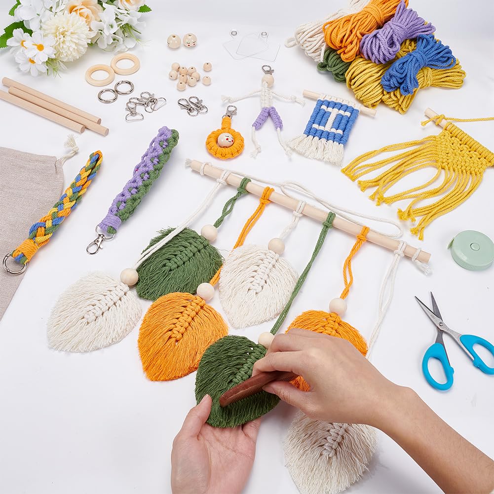 INFUNLY 9 Sets DIY Macrame Kit for Adults Beginners Boho Macrame Wristlet Keychain Kit Macrame Leaves Wall Hanging Ornament Kit with Instruction for Beginners Car Key Charm Women Gift Phone Bedroom
