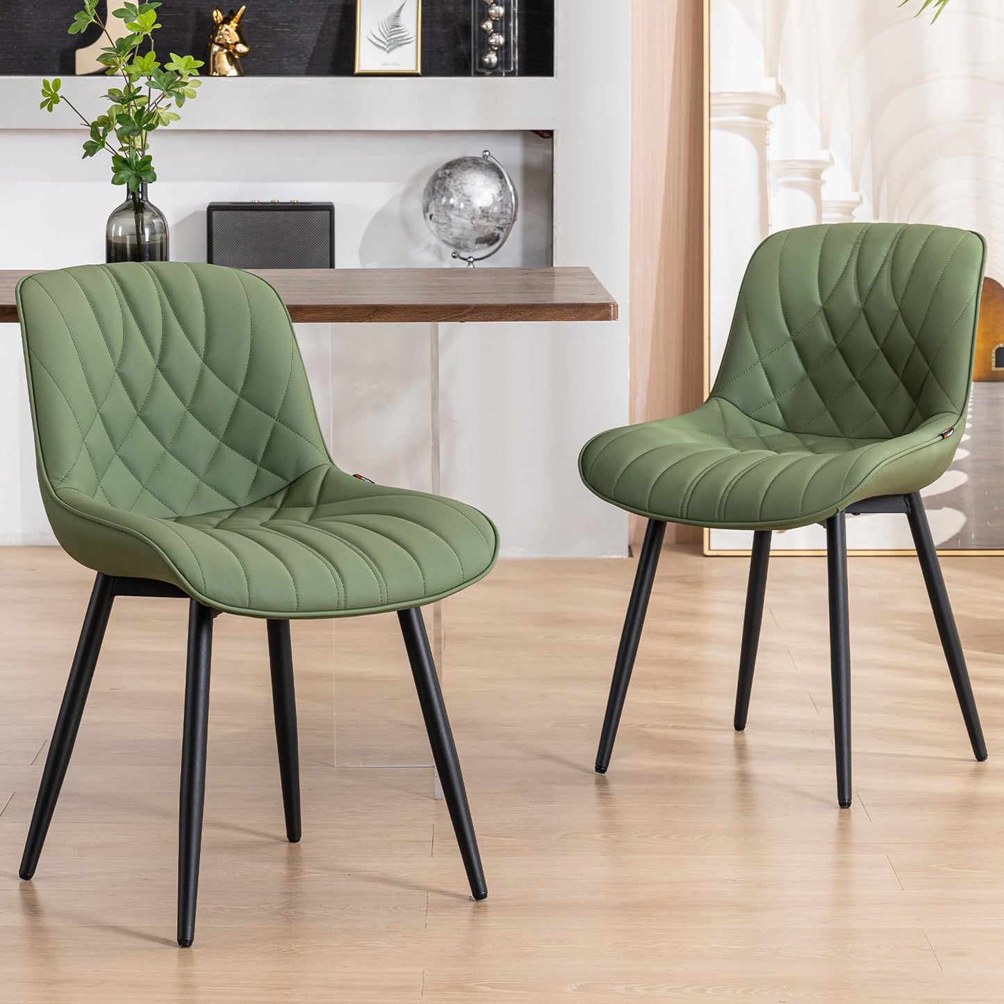 YOUNUOKE Dining Chairs Set of 2 Mid Century Modern Kitchen Chair Comfortable Upholstered Faux Leather Dinner Chairs for Kitchen Dining Room, Olive