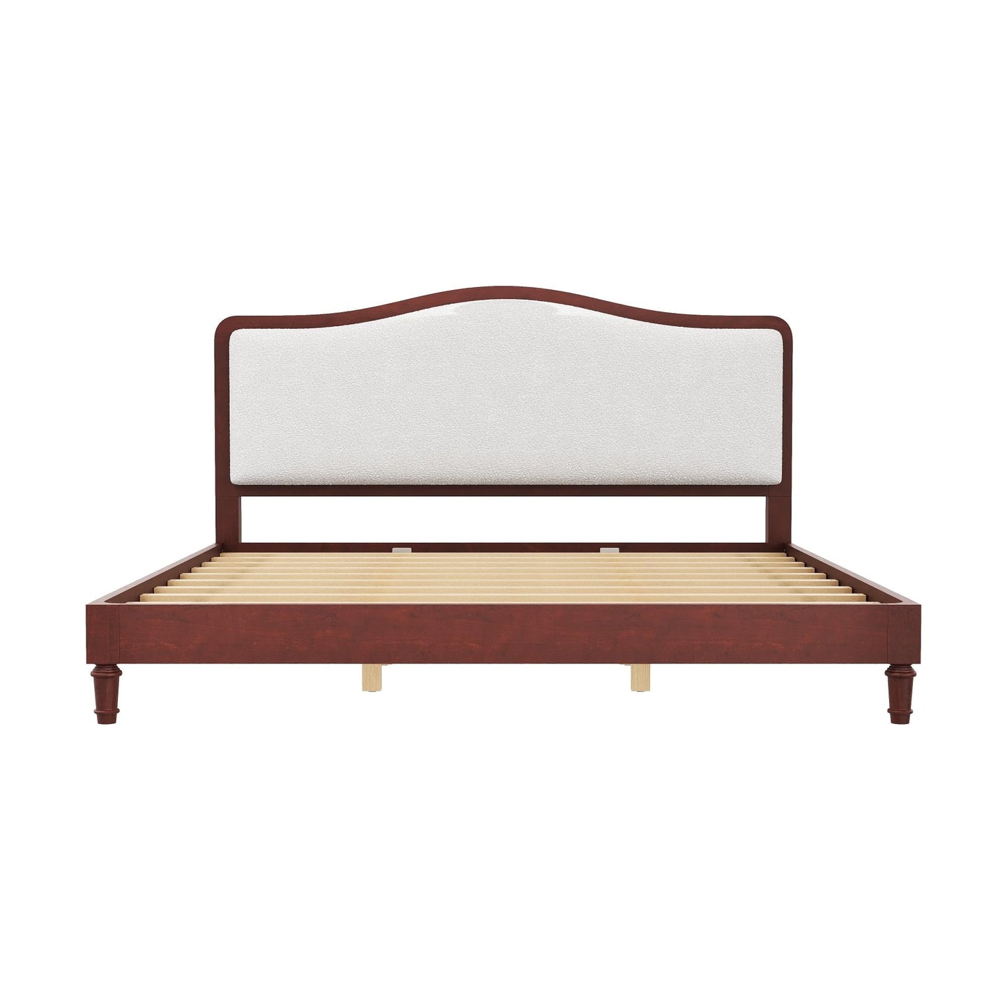 Merax King Size Upholstered Platform Bed Frame with Curved Headboard, Espresso Wood Frame & White Fabric, Noise-Free, Strong Slat Support, No Box Spring Needed, Easy Assembly