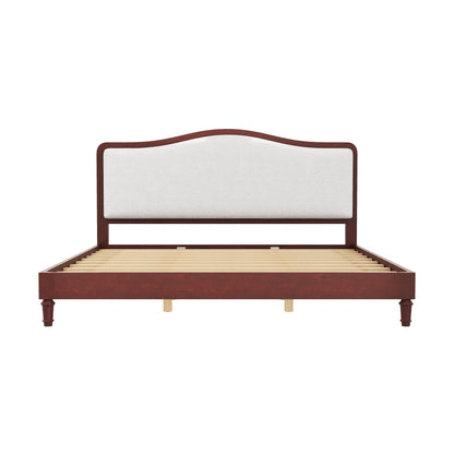 Merax King Size Upholstered Platform Bed Frame with Curved Headboard, Espresso Wood Frame & White Fabric, Noise-Free, Strong Slat Support, No Box Spring Needed, Easy Assembly