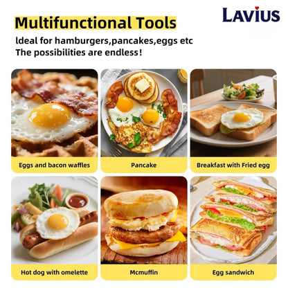 Lavius Silicone Egg Rings Set with Folding Handle, 4-Pack Non-Stick Round Egg Cooker Ring，Egg Mold for Cooking Breakfast Sandwiches, Egg Mcmuffins, Pancake, Grill Accessories Egg Forms for Frying Egg