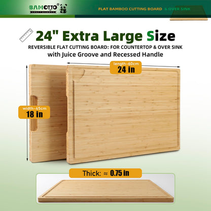 BAMOTTO CRAFTBAMBOO XXL Extra Large 100% Organic Bamboo Cutting Board 24"x18" - Butcher Block Chopping/Carving Board with Handle & Juice Groove for Turkey, Meat, Vegetables, BBQ