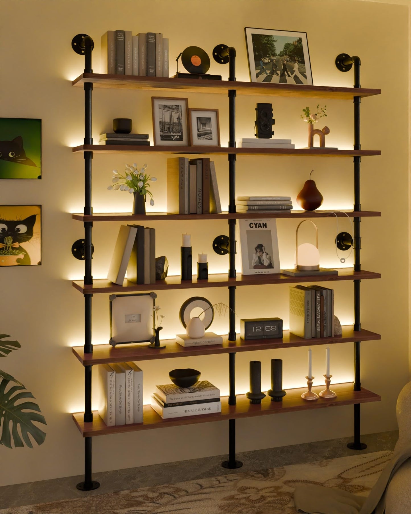 Anynice 6-Tier Ladder Shelf with Warm LED Light Strip, Solid Pine Wood Wall Mounted Bookshelf in Walnut Brown, 60-Inch Industrial Pipe Bookcase for Living Room, Bedroom, Home Office