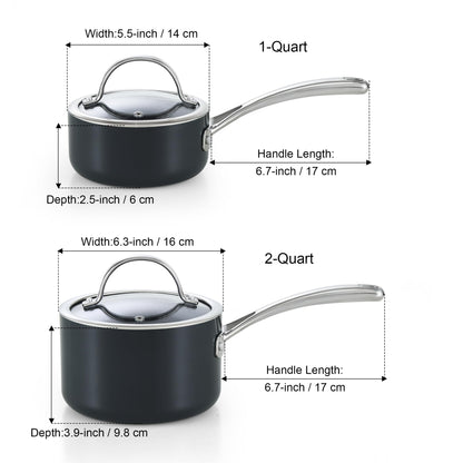 Cooks Standard Classic 1 Quart and 2 Quart Nonstick Saucepan Set with Glass Lids, Hard Anodized Non Stick Sauce Pans, Small Kitchen Cooking Sauce Pots Mini Milk Pans, Dishwasher Safe Cookware, Black
