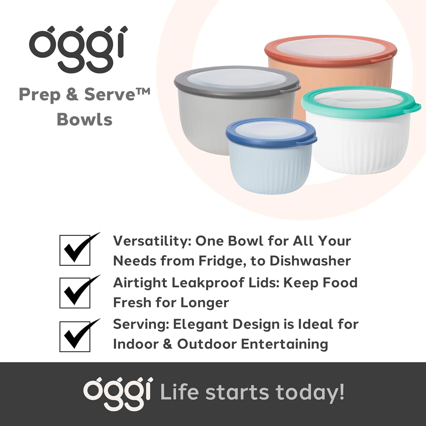 OGGI Prep, Store & Serve Plastic Bowl with See-Thru Lid, Dishwasher, Microwave & Freezer Safe (0.7 qt) White/Aqua