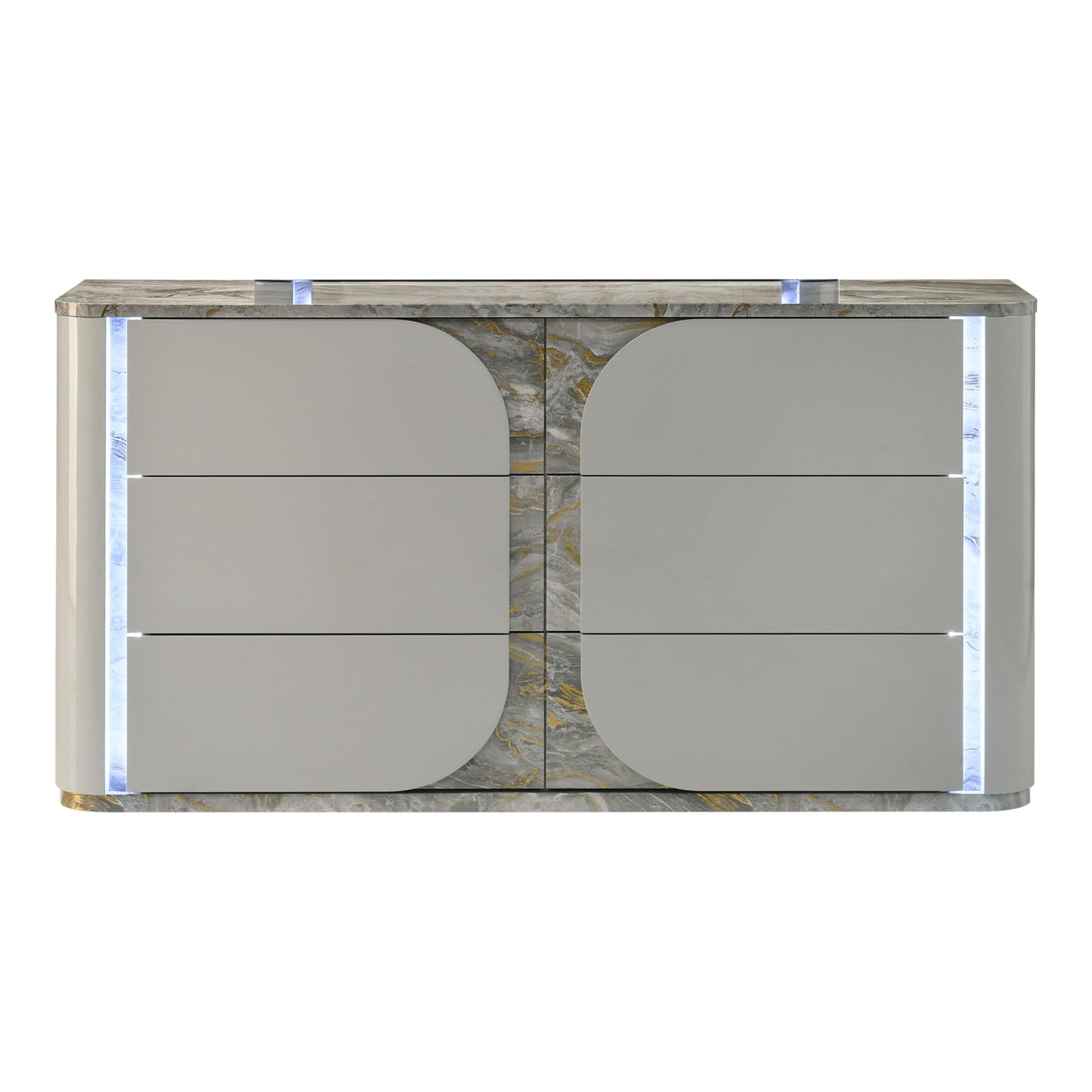 Furniture of America Bruna Modern Contemporary Wood 62.5-inch 6-Drawer Dresser with Plinth Base, Touch-Control LED, Replicated Marble Accents for Bedroom, Guest Room, Light Gray