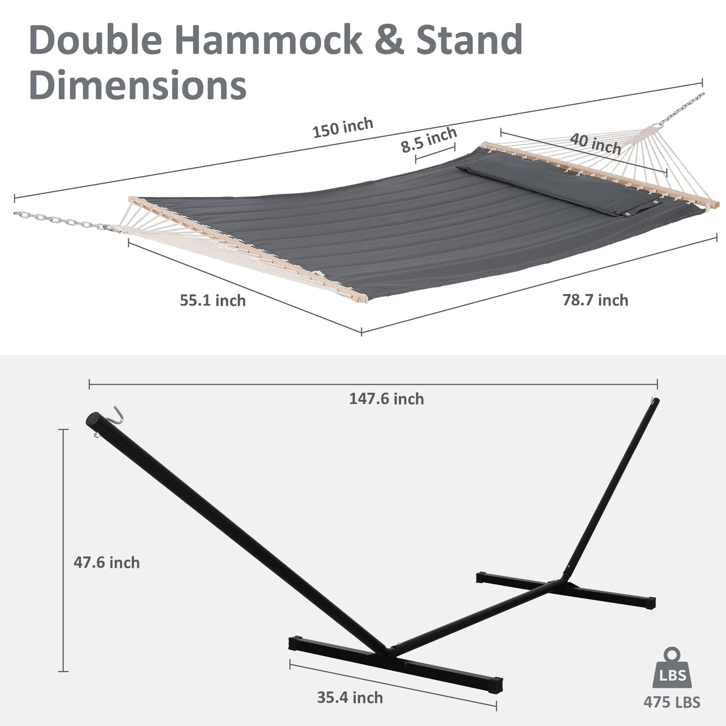 SUNCREAT 2 Person Hammock with Stand, Heavy Duty Portable Hammocks, 475 lbs Capacity, Dark Grey
