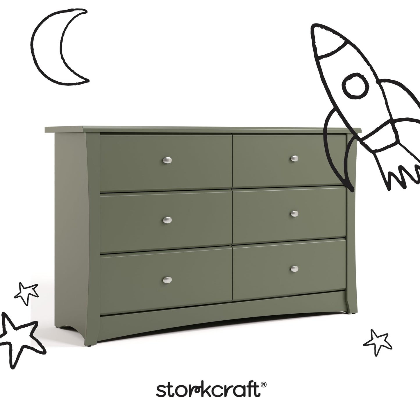 Storkcraft Crescent 6-Drawer Dresser (Olive) – GREENGUARD Gold Certified, Green Dresser for Bedroom, Kids & Nursery Storage Chest, Safety Interlocking Drawers, Pre-Installed Tracks, Kids Chest
