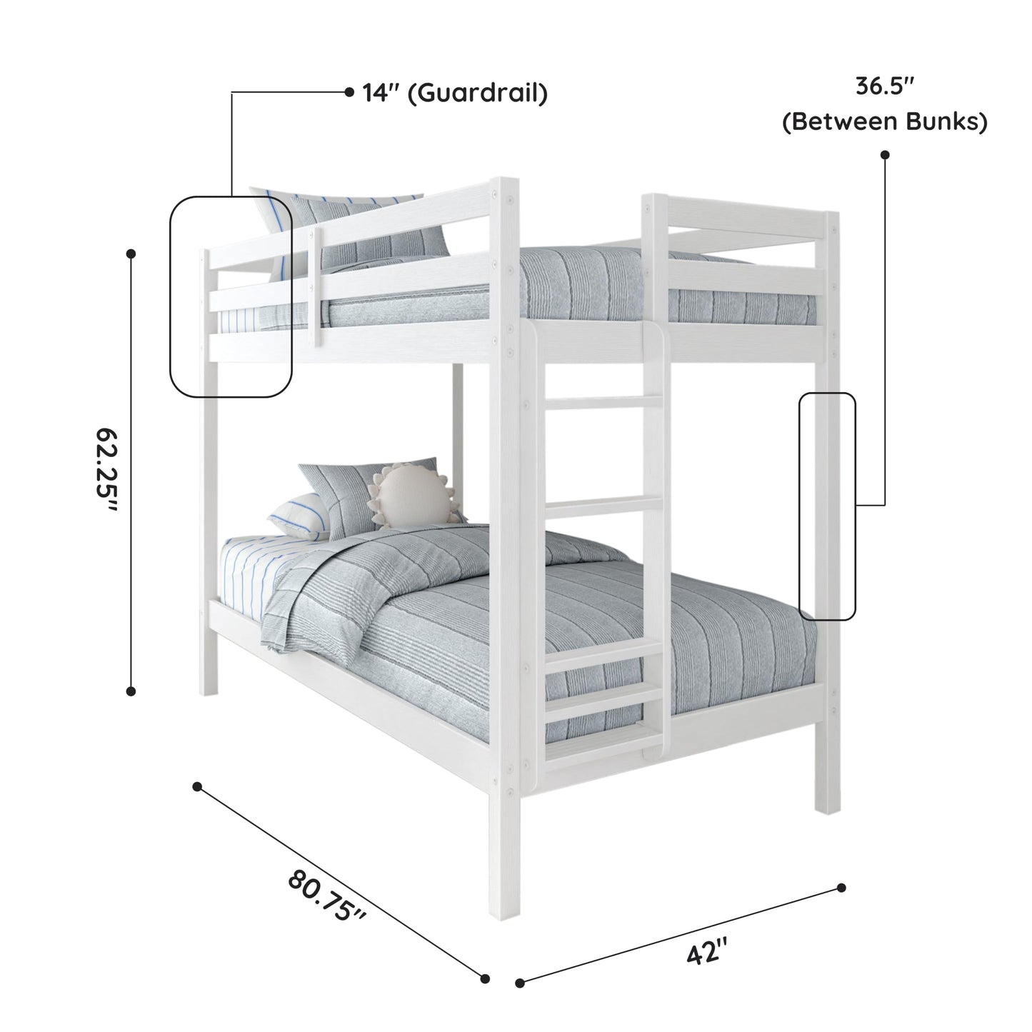 Grain & Grove Bear Twin Over Twin Bunk Bed, Sturdy Bunk Bed Frame for Kids, Plywood Bunk with Ladder, Guardrail, and Slats, No Box Spring Required, Brushed White