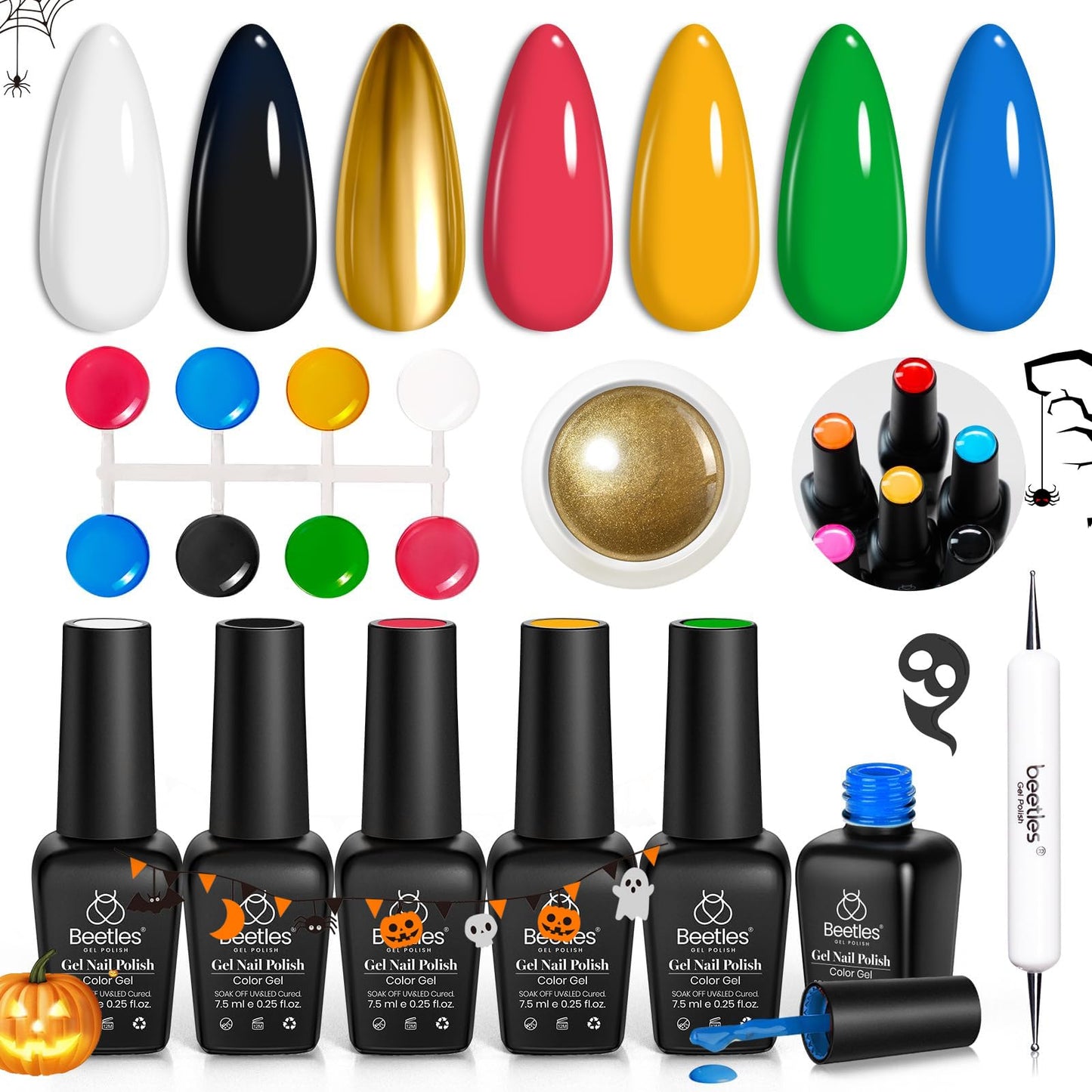 Beetles Halloween Gel Nail Polish Set – Wicked Mystic 8 Colors Gel Polish Kit, Gold Silver Black Green Blue Cat Eye Purple Red Glitter with Nail Art Accessories UV LED Soak Off Manicure Gift for Women