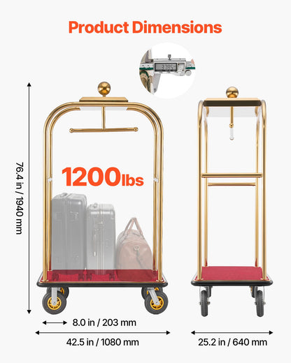 VEVOR Hotel Luggage Cart, 1200 lbs Heavy Duty Bellman Cart with Stainless Steel Frame, 8 in Rubber Wheels, Red Carpeted Deck, Commercial Luggage Carrier Rolling Trolley for Hotels, Resorts, Gold