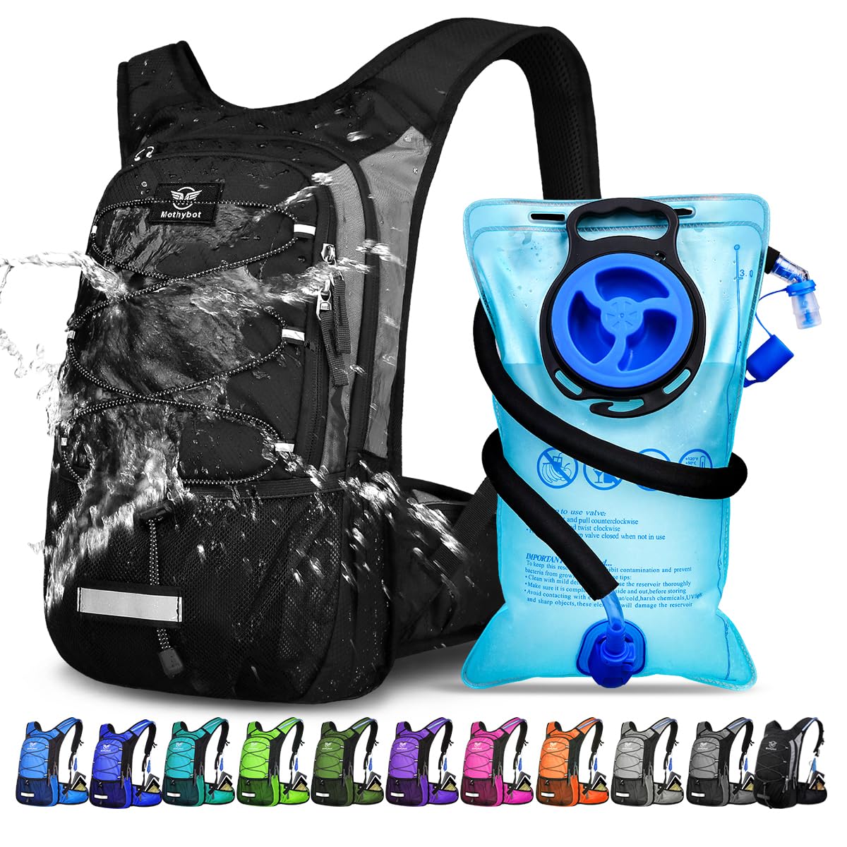 Mothybot Insulated Hydration Backpack Pack with 3L BPA Free Leak Proof Water Bladder, Large Storage Lightweight Hiking Daypack with Waist Pouches & Cooler Layer, for Running, Biking, Camping, Festival