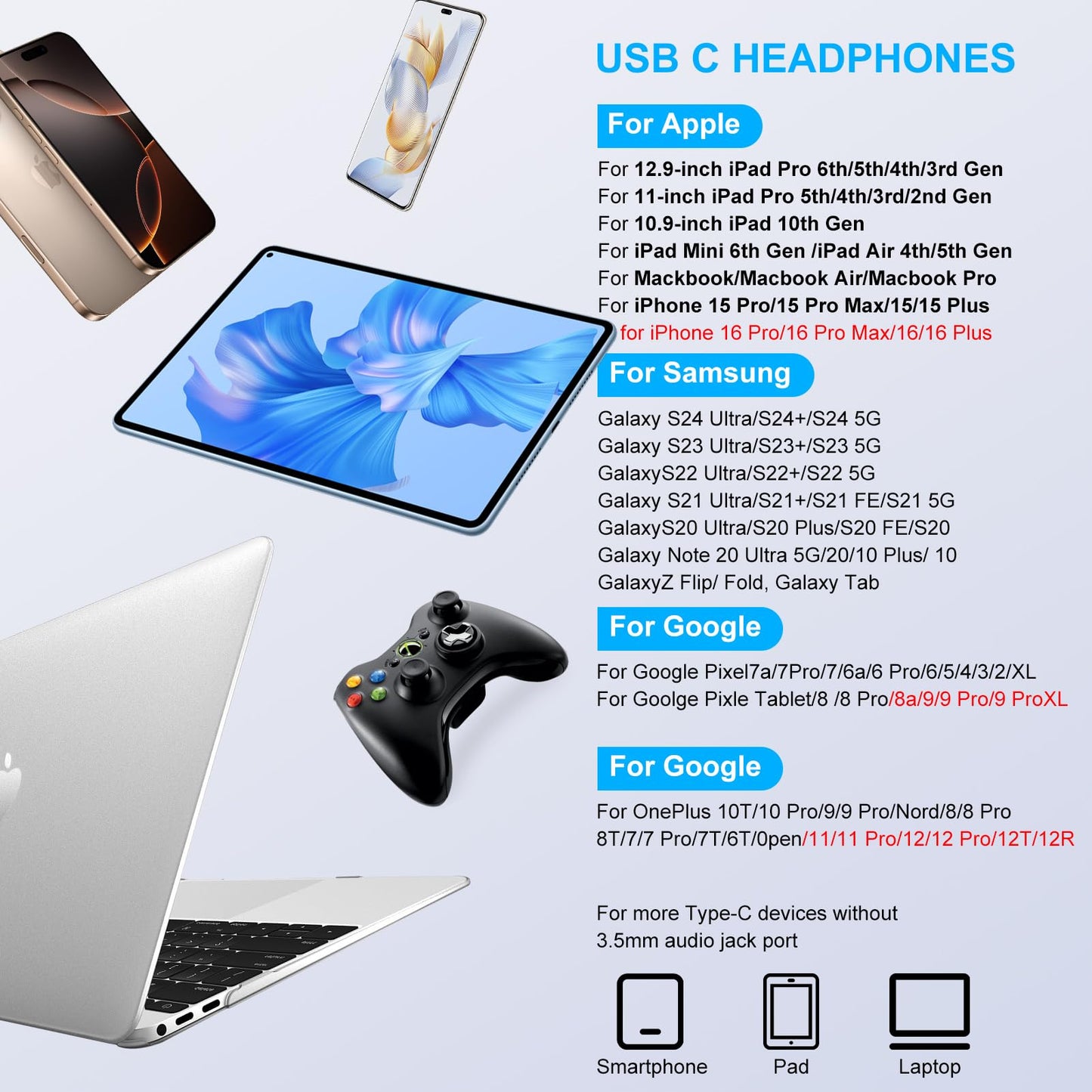 Samsung Earbuds Wired USB C for Galaxy S25 S24 Ultra/S24 FE/S23/S22/S21/S20,Type C Wired Headphones with Microphone Earphones for iPhone 16/16 Pro/16 Pro Max/16 Plus/15,iPad Pro,Pixel 9 8 7,One Plus9