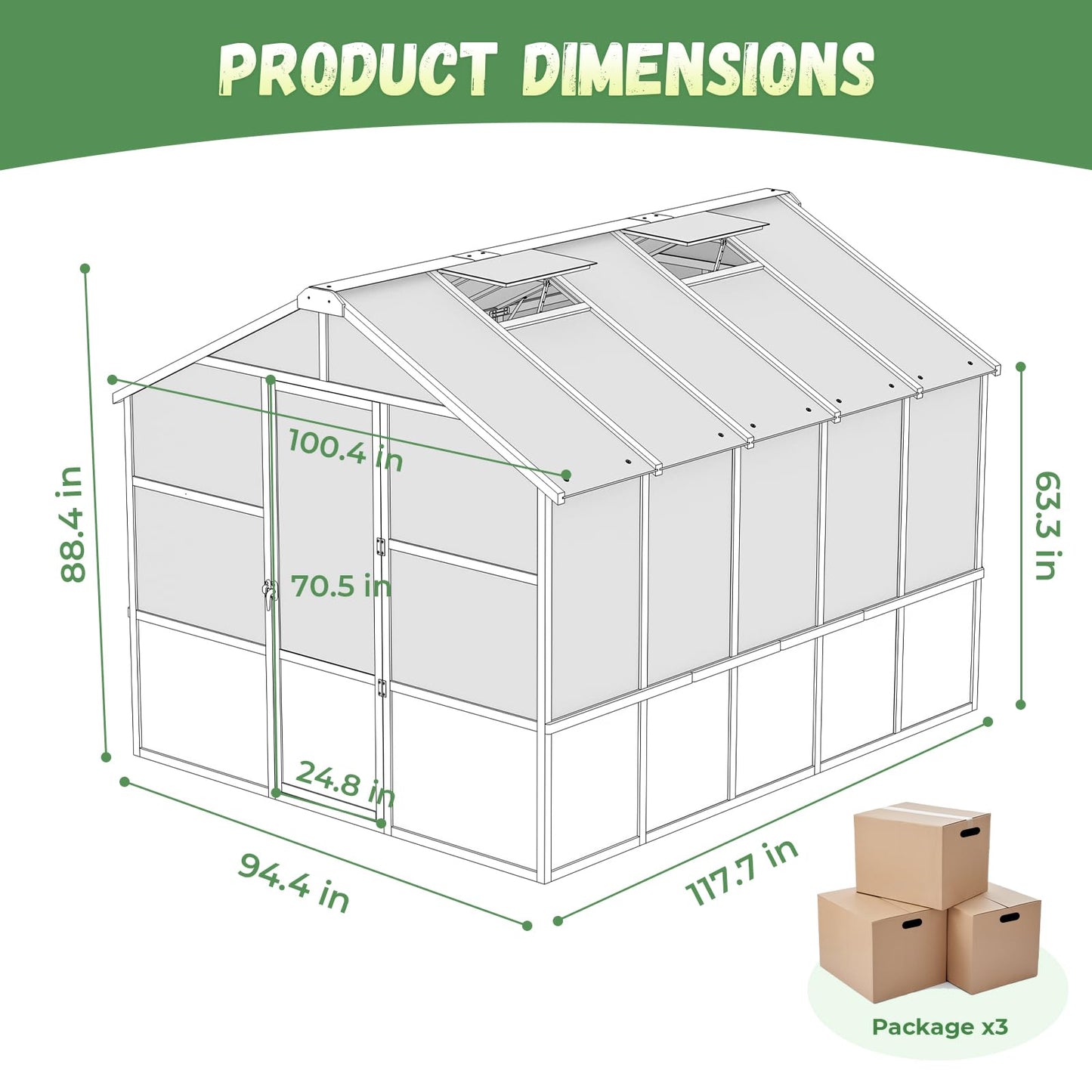 Jocoevol 8x10FT Greenhouse for Outdoors, Wooden Frame Polycarbonate Green House w/ Adjustable Roof Vent and Lockable Door Handle, Walk-in Greenhouses for Outside Garden Backyard