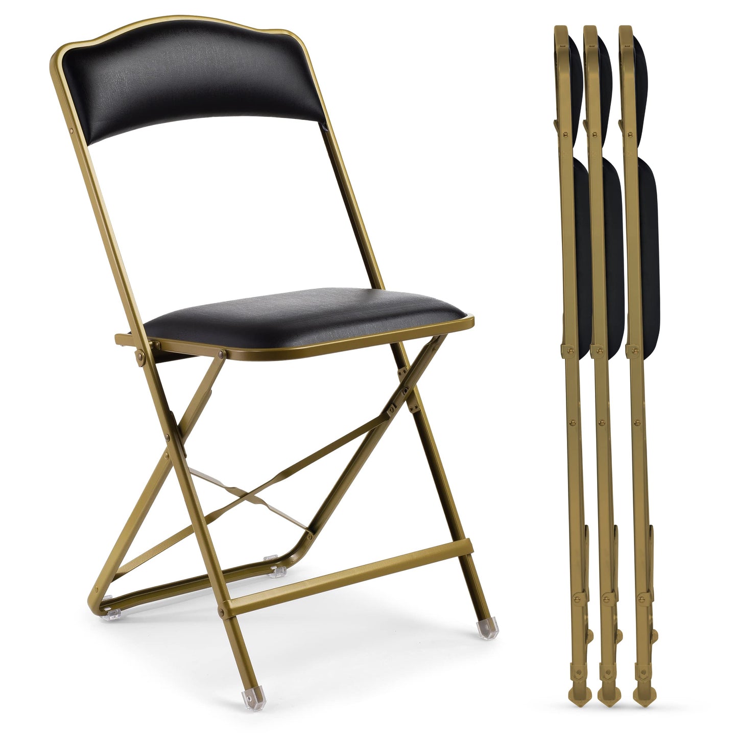 Premium Folding Chairs 4 Pack - Narrow 15" Seat, Padded Seat & Back - Folds Ultra Slim (~1 Inch) - Elegant Event Seating for Weddings, Parties & Dining Gold Frame Black Vinyl