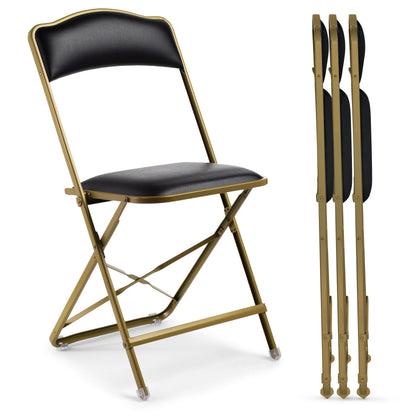 Premium Folding Chairs 4 Pack - Narrow 15" Seat, Padded Seat & Back - Folds Ultra Slim (~1 Inch) - Elegant Event Seating for Weddings, Parties & Dining Gold Frame Black Vinyl
