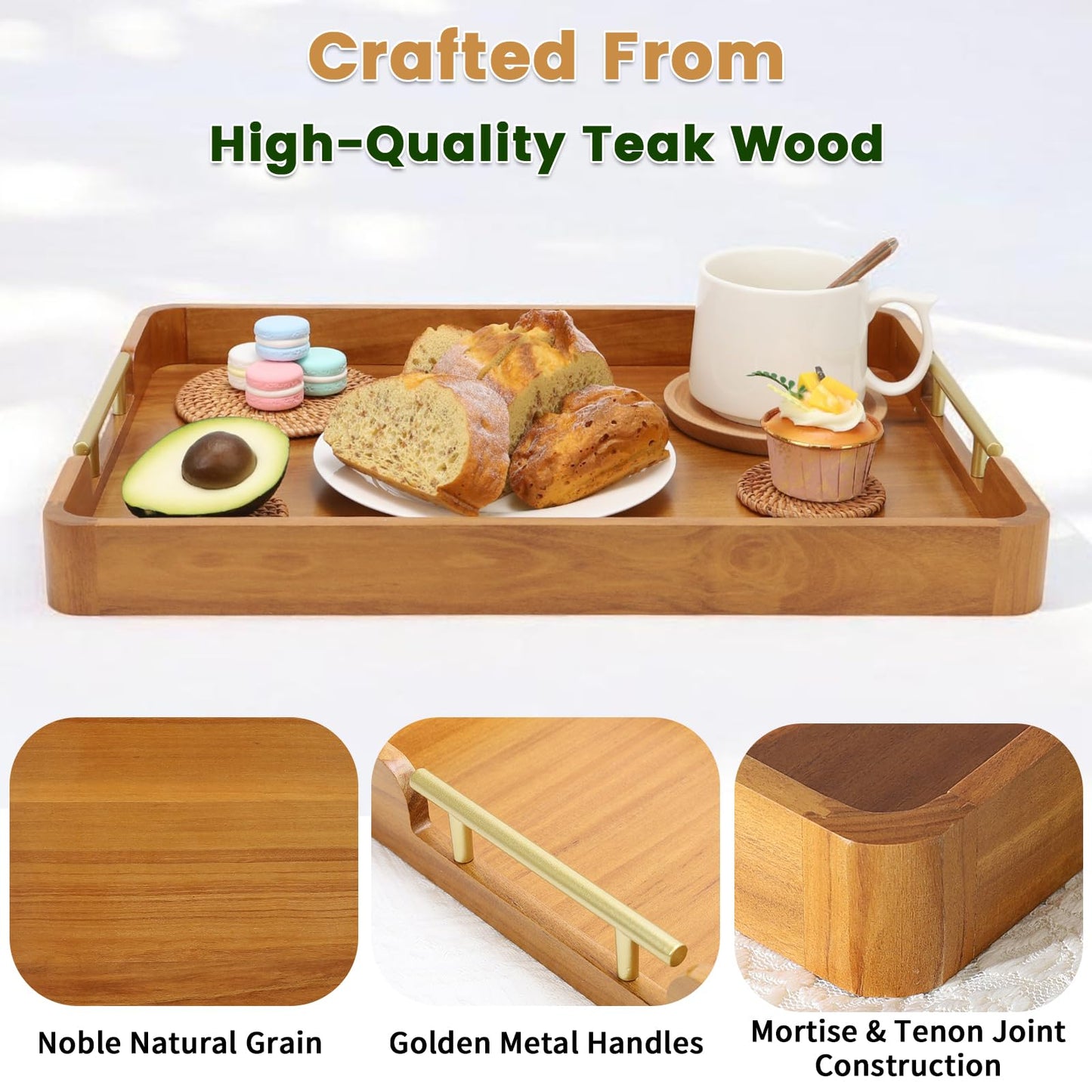 Fopeat Solid Teak Wood Serving Tray with Handles, 17"x13"x2" Rectangular Ottoman Tray for Living Room Kitchen Party, Rustic Decorative Tray for Home Coffee Table Breakfast Dinner Bar
