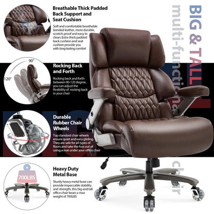 700lbs Big and Tall Office Chair - Adjustable Lumbar Support Heavy Duty Metal Base Quiet Rubber Wheels High Back Large Executive Computer Desk Swivel Chair, Ergonomic Design for Back Pain