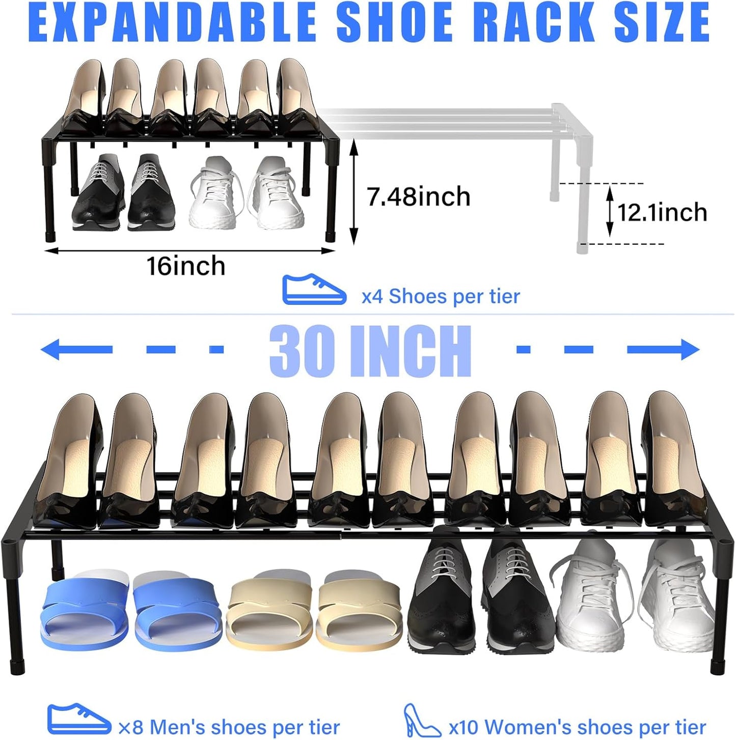 2 17 ''-30 1 Closet Teenyyou Pcs Expandable Shoe Rack '' Adjustable Shoe Shelf Metal Tier Rack Black Stackable