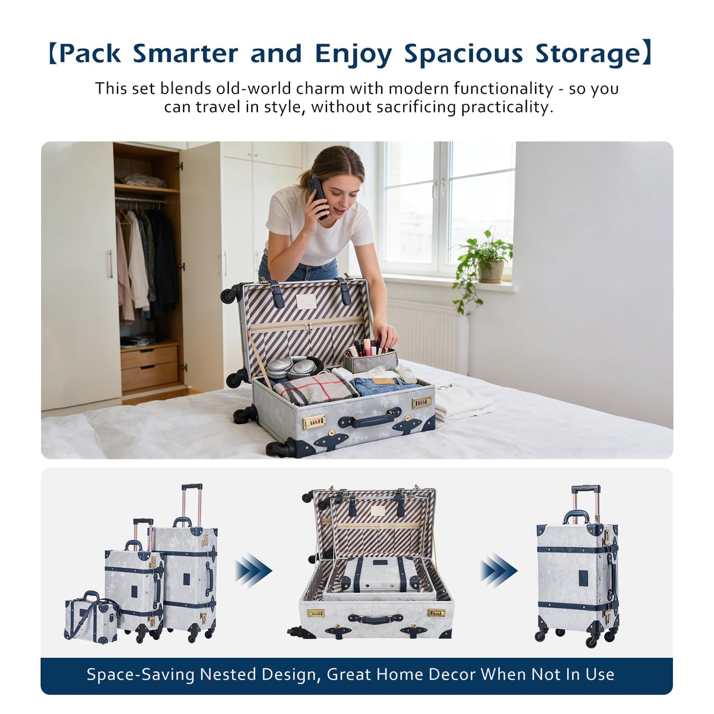 UNIWALKER 2-Piece Vintage Carry-on Luggage Set, Retro Leather Suitcase with Cosmetic Train Case for Women(Velvet Grey, 20''+12'')