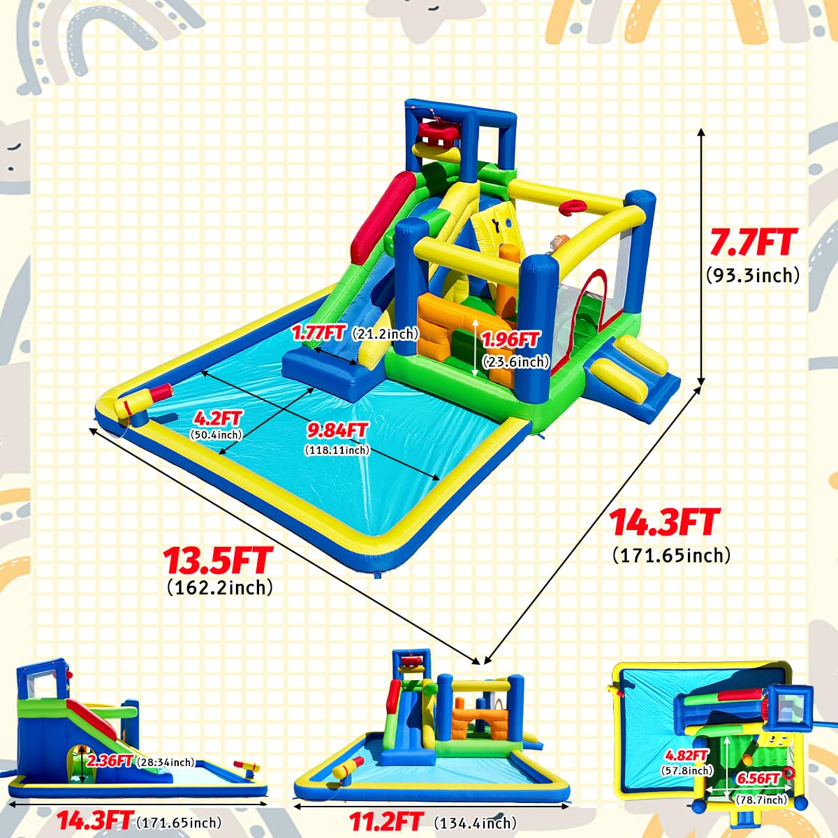 Umbalir 14.3x13.5FT Giant Inflatable Water Slide & Bounce House, 10-in-1 Water Park with Big Splash Pool, Long Slide, Secret Tunnel & Crawl-Through, Kids Backyard Bouncy Castle, Blower Included