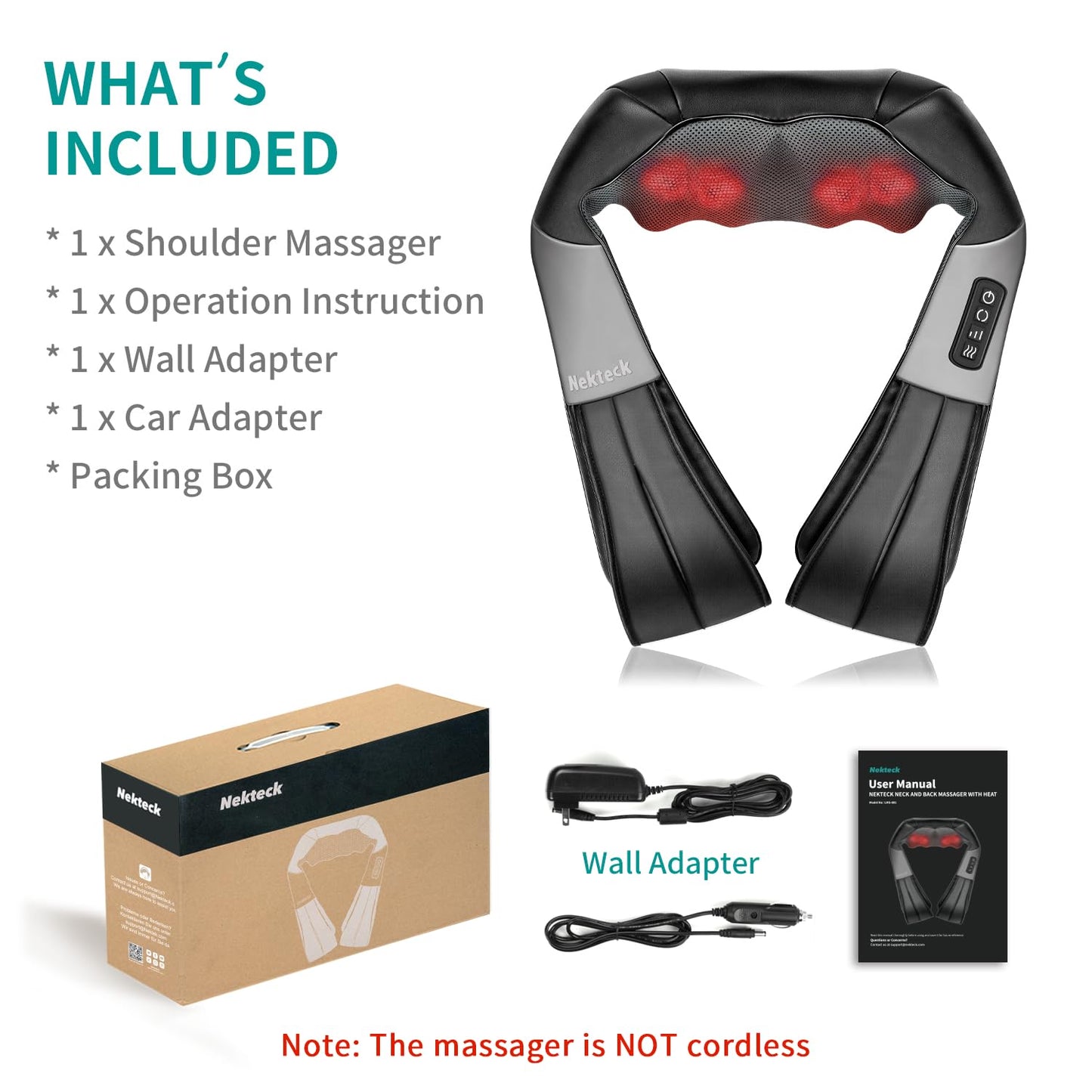 Nekteck Shiatsu Neck Massager for Pain Relief Deep Tissue with Heat, 3D Kneading Massage Pillow Back Shoulder Massagerfor Body Muscle, Plug-in Use for Home Office Car, Gifts for Mom Dad Him Her