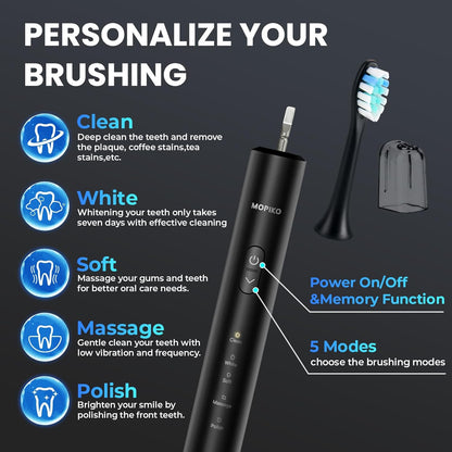 Sonic Electric Toothbrush for Adults - Rechargeable Black Electric Toothbrush with 8 Brush Heads 5 Modes Sonic Power Toothbrush with Travel Cover