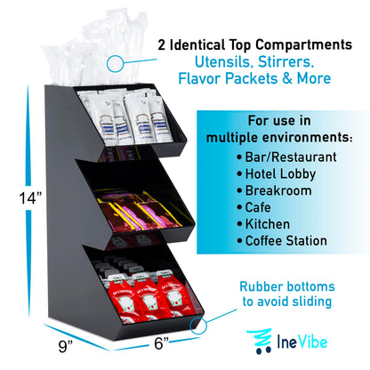 Inevibe Condiment Holder Stand - 3 Tier Compartment for Condiments, Sauce Packets, and Coffee Station Organizer for Bar, Restaurant, Cafe, Home - Black Acrylic Caddy Storage Rack