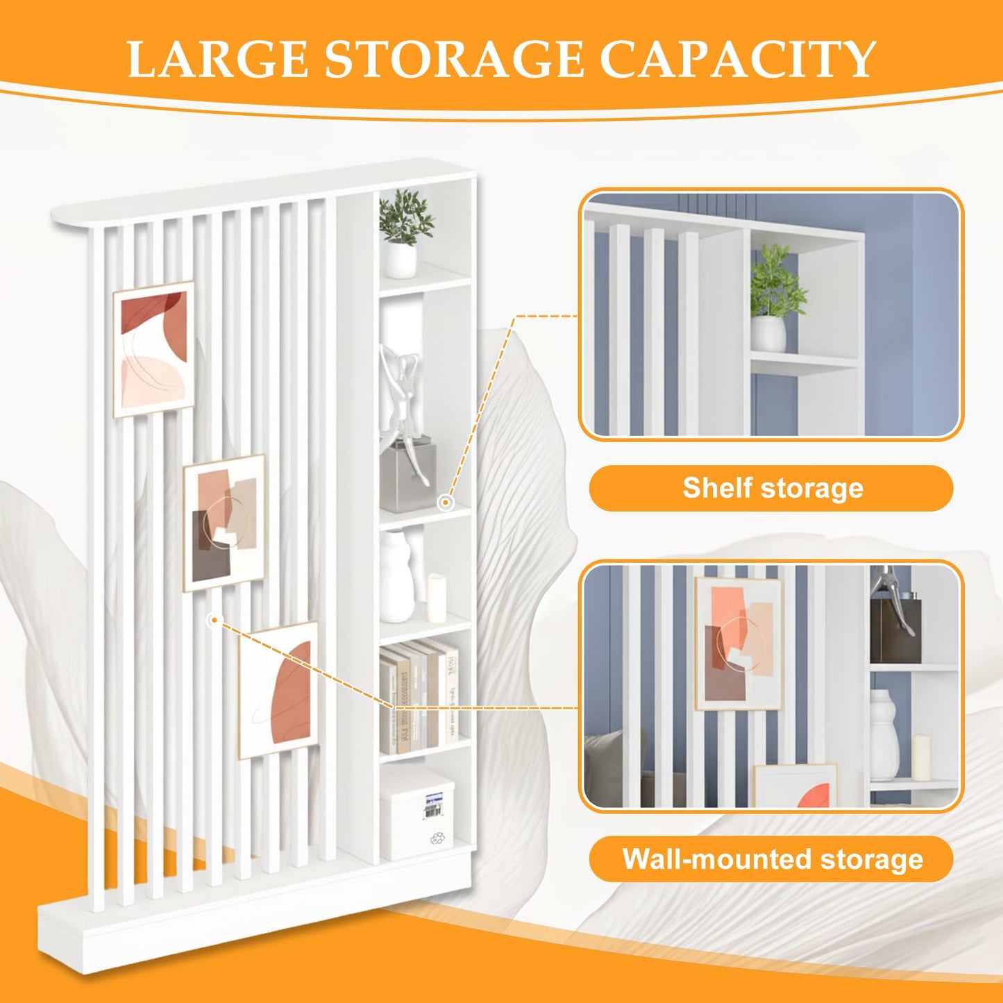 Wall Room Divider, Freestanding Wood Room Divider Shelf with Shelves, Divider Screen Separator Screen with Storage, Wall Divider for Room Separation, for Home Office Decorative(White,39.4IN)