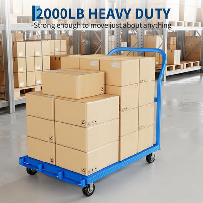 FinerFurnis 2000LBS Heavy Duty Folding Platform Cart - Q235 Steel Flatbed Trolley - 4 Swivel Wheels (2 Brakes) - Collapsible Design - Industrial Dolly for Office, Warehouse, Furniture Moving - Blue |