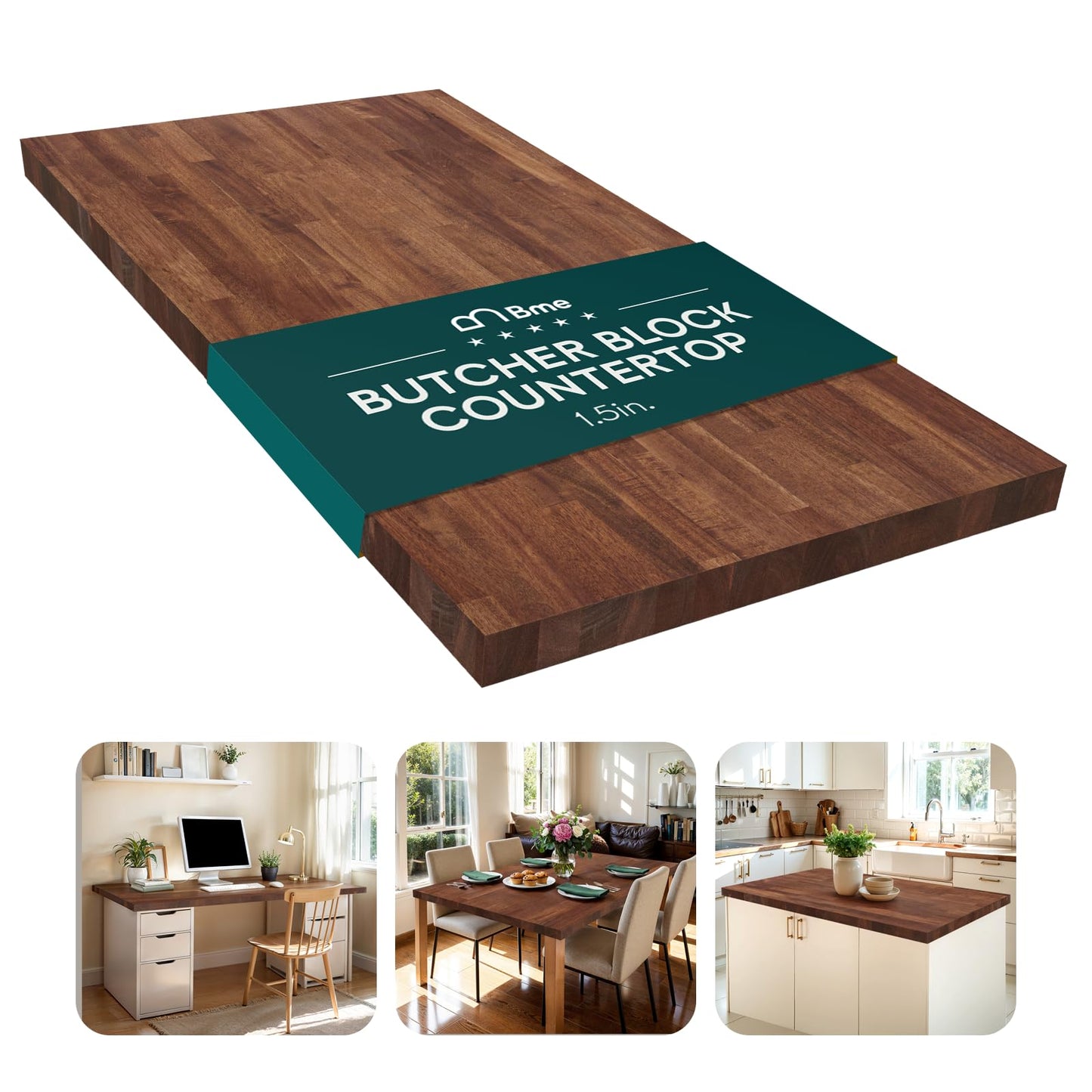 Bme Hevea Solid Wood Butcher Block Countertop, Wood Table Top, Butcher Block Desk Table Top for DIY Kitchen Island, Washer Dryer, or Workstation – Walnut - Finished - 60" L x 30" W x 1.5" Th