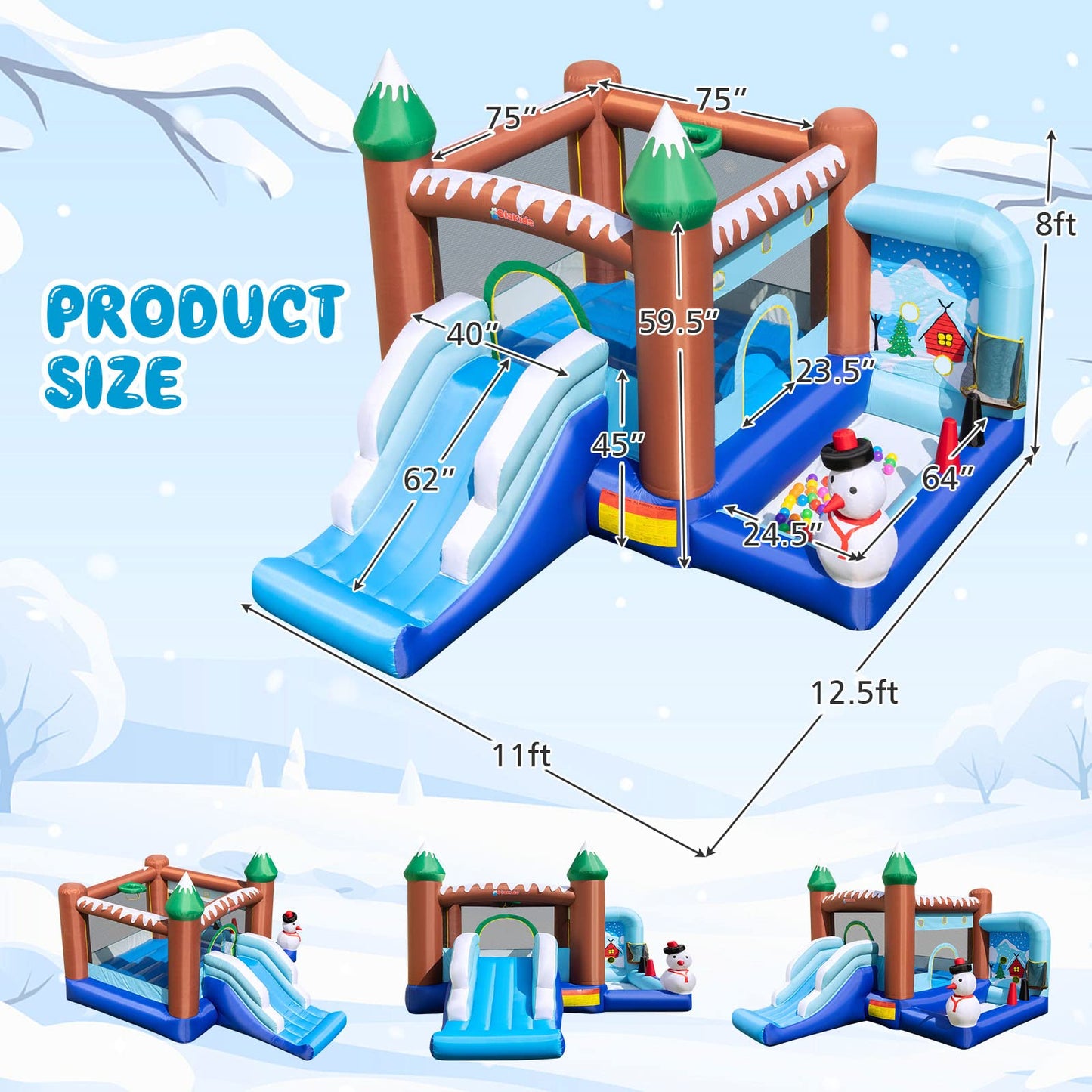 OLAKIDS Inflatable Bounce House, Christmas Snowman Theme Kids Jumping Castle with Slide Ball Pit Basketball Rim, Indoor Outdoor Inflatable Obstacle Course with 680W Blower Carry Bag