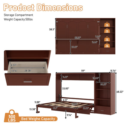 Merax Queen Murphy Bed with 3 Height Adjustable Storage Shelves & 1 Drawer, Wall Bed Frame Multifunctional Foldable Platform Bed for Small Space, Bedroom, Guest Room, Bear 500LBS (Walnut)