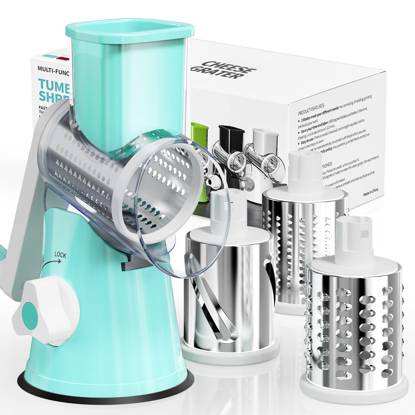Nexsujo Cheese Grater Hand Crank, Rotary Cheese Shredder with 3 Interchangeable Blades for Coarse, Fine Shredding and Slicing, Strong Suction Base for Pizza, Pasta, Salad, Vegetables, Nuts, Chocolate