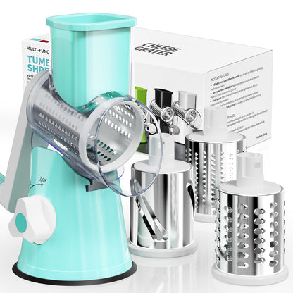Nexsujo Cheese Grater Hand Crank, Rotary Cheese Shredder with 3 Interchangeable Blades for Coarse, Fine Shredding and Slicing, Strong Suction Base for Pizza, Pasta, Salad, Vegetables, Nuts, Chocolate