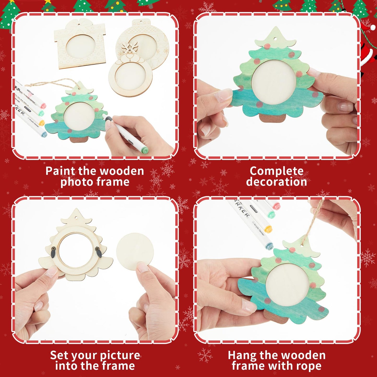 Thyle 12 Sets Christmas Picture Frame Craft Kits DIY Assortment Wooden Ornaments Bulk Xmas Tree Hanging Photo Frames for Christmas Party Winter Activities Home Decorations Gifts