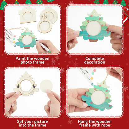 Thyle 12 Sets Christmas Picture Frame Craft Kits DIY Assortment Wooden Ornaments Bulk Xmas Tree Hanging Photo Frames for Christmas Party Winter Activities Home Decorations Gifts