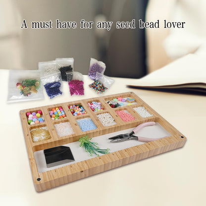 Favonuovy Beads Sorting Tray with Scoop, Magnetic Acrylic Lid, Band and Velvet Padding Bead Boards for Jewelry Bracelet Making Wood Beading Mat Engraved with 11in Ruler, 12 Compartments and Letter A-K