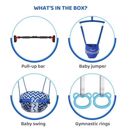 Slevoo Kids Doorway Jumper Swing with Pull-Up Bar Gym, 4-in-1 Indoor Playground Set, Fits 28"-37" Hallway Doorway Exercise & Play Equipment for Toddlers & Kids