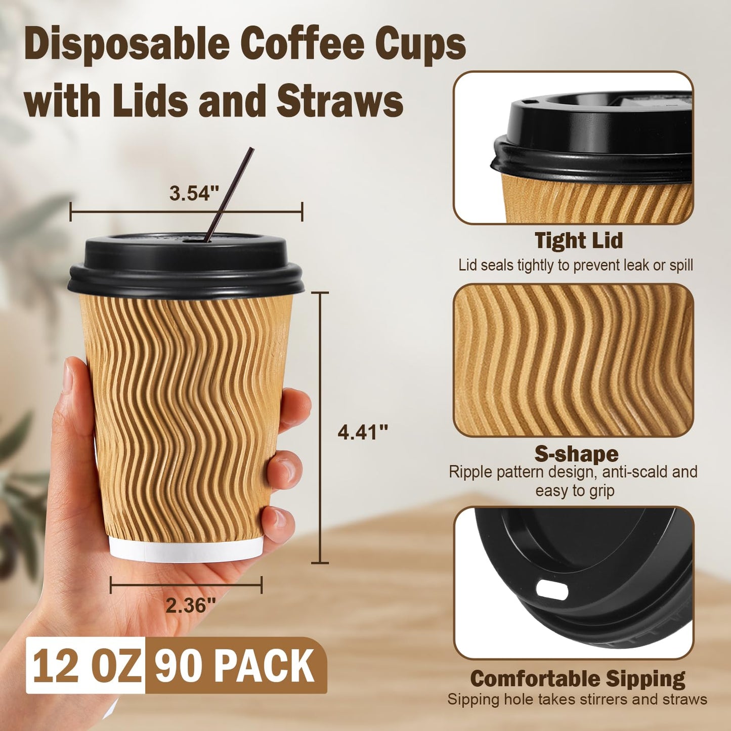SIUQ 12 oz Coffee Cups-90 Pack Disposable Coffee Cups with Lids and Straws, Insulated Ripple Wall To Go Paper Coffee Cup for Coffee, Hot Chocolate and Hot Tea Drinks - Champagne