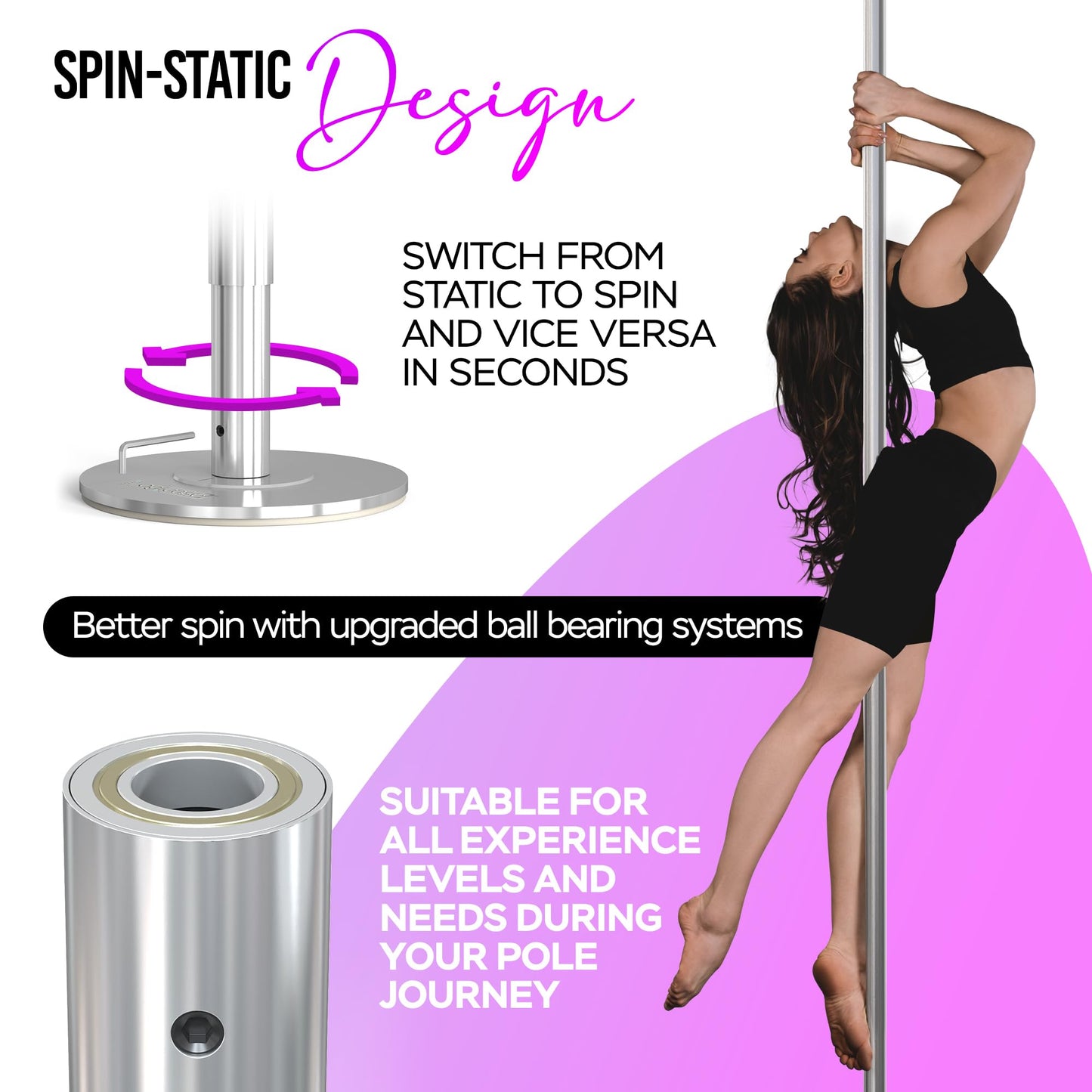 ILOGICASE Spinning Dancing Pole for Home | Portable and Heavy Duty 45mm Dance Pole Apartment Friendly, Adjustable Height 7ft to 11ft, w/Pole Conditioning Bands Set, LED Light and Carry Bags (Chrome)